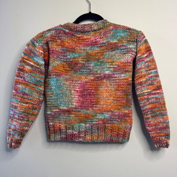 HAND KNIT Oversized Multicolor Cardigan Girls 8 Dog Buttons Handmade Sweater - Picture 2 of 9